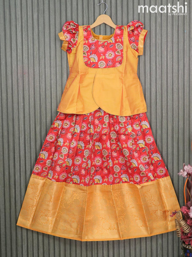 Raw silk readymade kids lehenga red and mustard yellow with patch work neck pattern and floral prints & long zari woven border for 10 years - {{ collection.title }} by Prashanti Sarees
