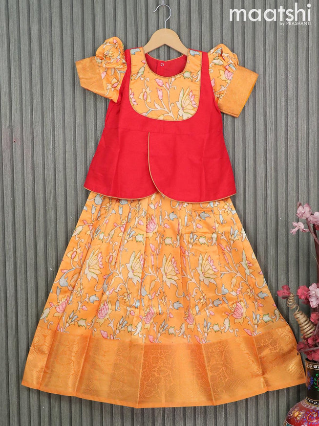 Raw silk readymade kids lehenga red and orange with patch work neck pattern and kalamkari prints & long zari woven border for 7 years - {{ collection.title }} by Prashanti Sarees