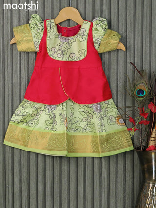 Raw silk readymade kids lehenga reddish pink and pista green with patch work neck pattern and kalamkari prints & zari woven border for 0-6 months