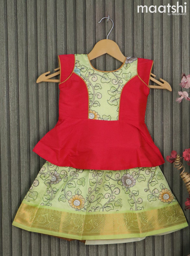 Raw silk readymade kids lehenga reddish pink and pista green with patch work neck pattern and kalamkari prints & zari woven border for 1 year - {{ collection.title }} by Prashanti Sarees