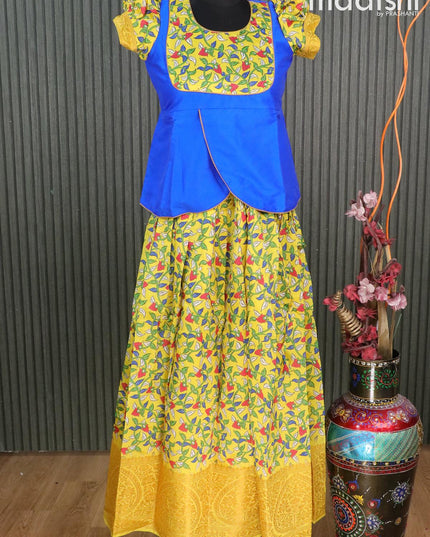 Raw silk readymade kids lehenga royal blue and yellow with patch work neck pattern and kalamkari prints & zari woven border for 12 years - {{ collection.title }} by Prashanti Sarees