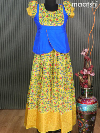 Raw silk readymade kids lehenga royal blue and yellow with patch work neck pattern and kalamkari prints & zari woven border for 12 years