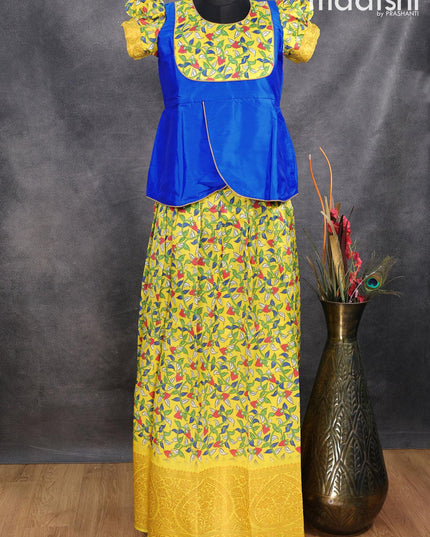 Raw silk readymade kids lehenga royal blue and yellow with patch work neck pattern and kalamkari prints & zari woven border for 13 years - {{ collection.title }} by Prashanti Sarees