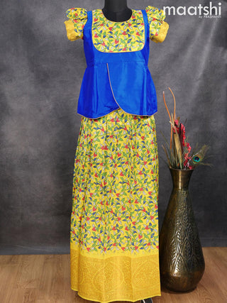 Raw silk readymade kids lehenga royal blue and yellow with patch work neck pattern and kalamkari prints & zari woven border for 13 years