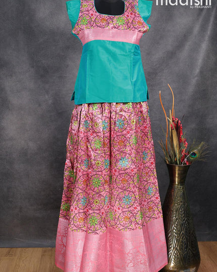 Raw silk readymade kids lehenga teal blue and light pink with patch work neck pattern and kalamkari prints & long silver zari woven border for 13 years - {{ collection.title }} by Prashanti Sarees
