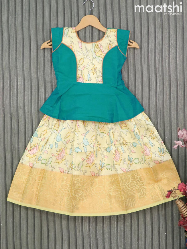 Raw silk readymade kids lehenga teal blue shade and pale yellow with patch work neck pattern and kalamkari prints & zari woven border for 4 years - {{ collection.title }} by Prashanti Sarees