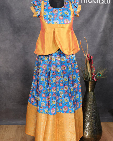Raw silk readymade kids lehenga yellow and blue with patch work neck pattern and kalamkari prints & long zari woven border for 11 years - {{ collection.title }} by Prashanti Sarees