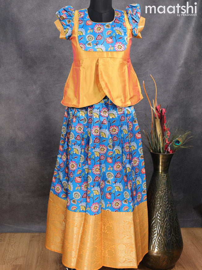 Raw silk readymade kids lehenga yellow and blue with patch work neck pattern and kalamkari prints & long zari woven border for 11 years - {{ collection.title }} by Prashanti Sarees