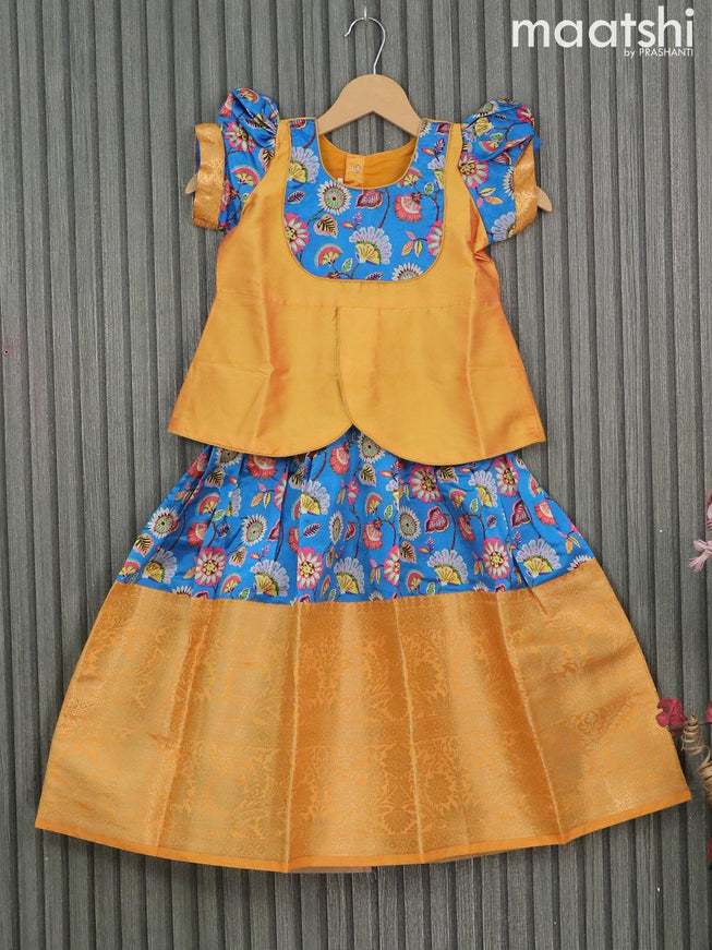 Raw silk readymade kids lehenga yellow and blue with patch work neck pattern and kalamkari prints & long zari woven border for 5 years - {{ collection.title }} by Prashanti Sarees