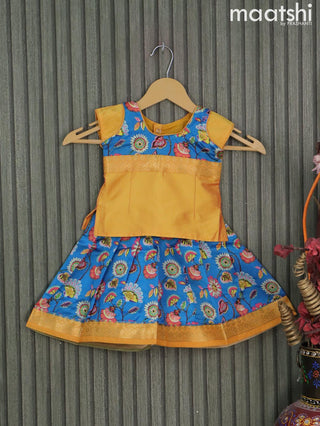 Raw silk readymade kids lehenga yellow and blue with patch work neck pattern and kalamkari prints & zari woven border for 0-6 months