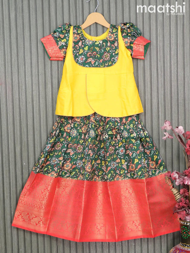 Raw silk readymade kids lehenga yellow and bottle green with patch work neck pattern and kalamkari prints & long zari woven border for 7 years - {{ collection.title }} by Prashanti Sarees