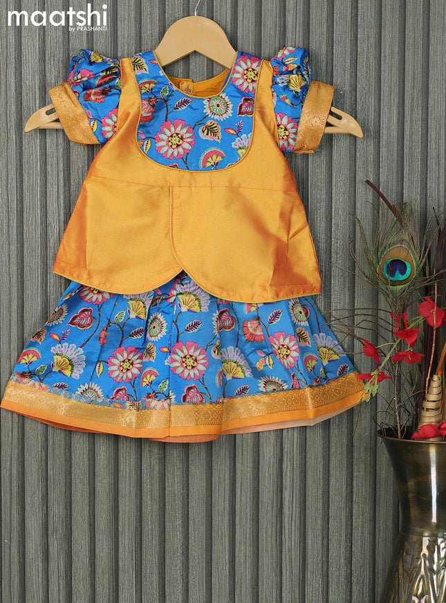 Raw silk readymade kids lehenga yellow and cs blue with patch work neck pattern and kalamkari prints & zari woven border for 0-6 months - {{ collection.title }} by Prashanti Sarees