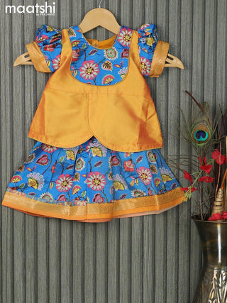 Raw silk readymade kids lehenga yellow and cs blue with patch work neck pattern and kalamkari prints & zari woven border for 0-6 months