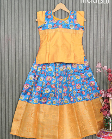 Raw silk readymade kids lehenga yellow and cs blue with patch work neck pattern and kalamkari prints & zari woven border for 9 years - {{ collection.title }} by Prashanti Sarees