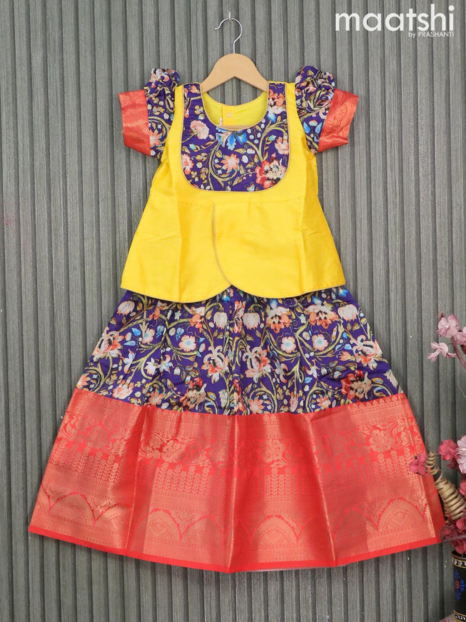 Raw silk readymade kids lehenga yellow and dark blue with patch work neck pattern and kalamkari prints & long zari woven border for 6 years - {{ collection.title }} by Prashanti Sarees