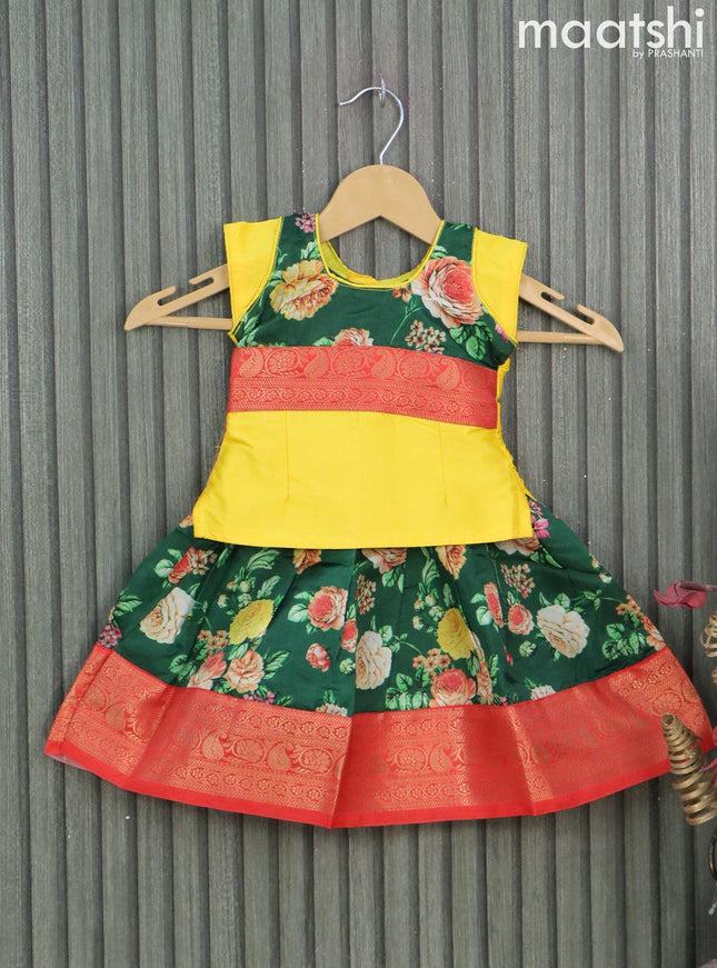 Raw silk readymade kids lehenga yellow and dark green with patch work neck pattern and floral prints & zari woven border for 0-6 months - {{ collection.title }} by Prashanti Sarees