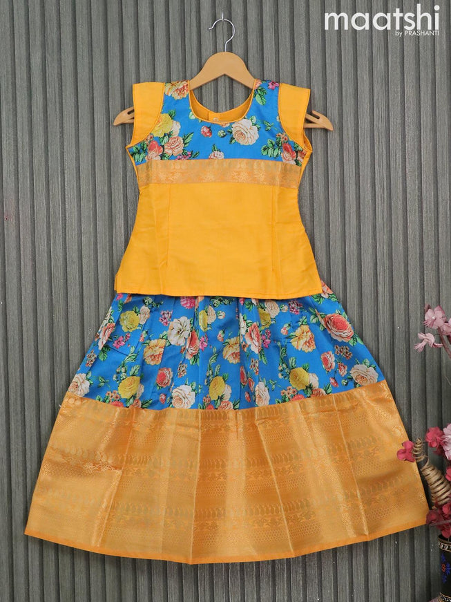 Raw silk readymade kids lehenga yellow and peacock blue with patch work neck pattern and kalamkari prints & long zari woven border for 6 years - {{ collection.title }} by Prashanti Sarees