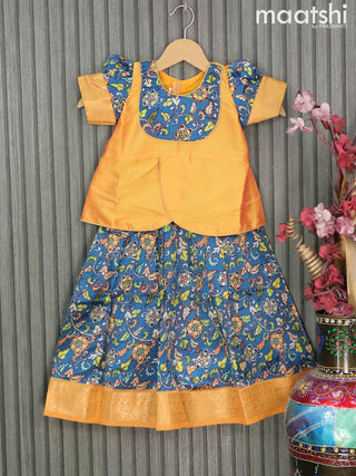 Raw silk readymade kids lehenga yellow and peacock blue with patch work neck pattern and kalamkari prints & zari woven border for 3 years