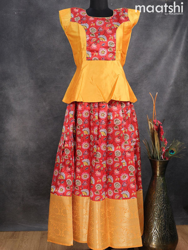 Raw silk readymade kids lehenga yellow and red with patch work neck pattern and kalamkari prints & long zari woven border for 15 years - {{ collection.title }} by Prashanti Sarees