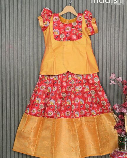 Raw silk readymade kids lehenga yellow and red with patch work neck pattern and kalamkari prints & long zari woven border for 9 years - {{ collection.title }} by Prashanti Sarees