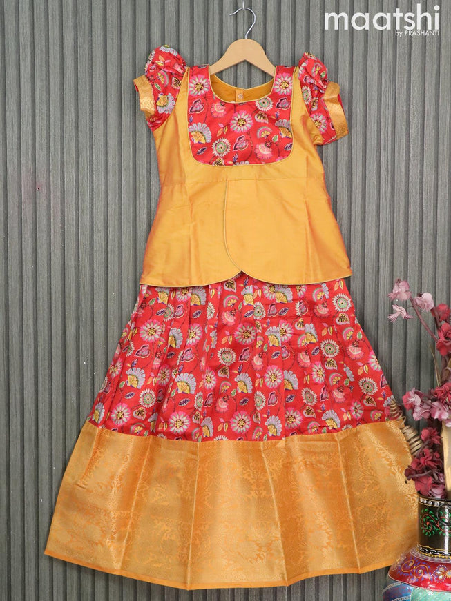 Raw silk readymade kids lehenga yellow and red with patch work neck pattern and kalamkari prints & long zari woven border for 9 years - {{ collection.title }} by Prashanti Sarees