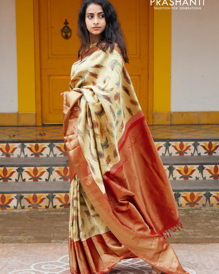 Re - Pure kanjivaram silk saree off white and red with feather style woven pattern and long rich floral design zari woven korvai border - {{ collection.title }} by Prashanti Sarees