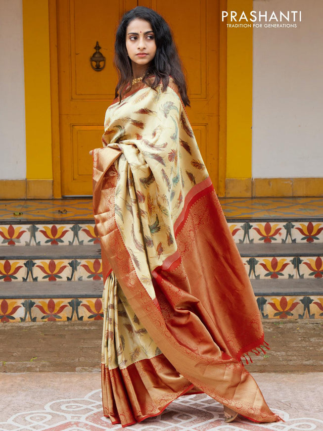 Re - Pure kanjivaram silk saree off white and red with feather style woven pattern and long rich floral design zari woven korvai border - {{ collection.title }} by Prashanti Sarees