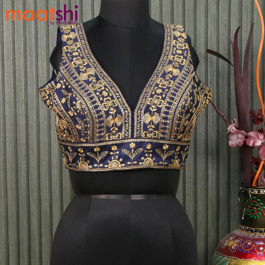 Readymade raw silk sleeveless blouse navy blue with embroidery work & v shape neck pattern and back open - {{ collection.title }} by Prashanti Sarees