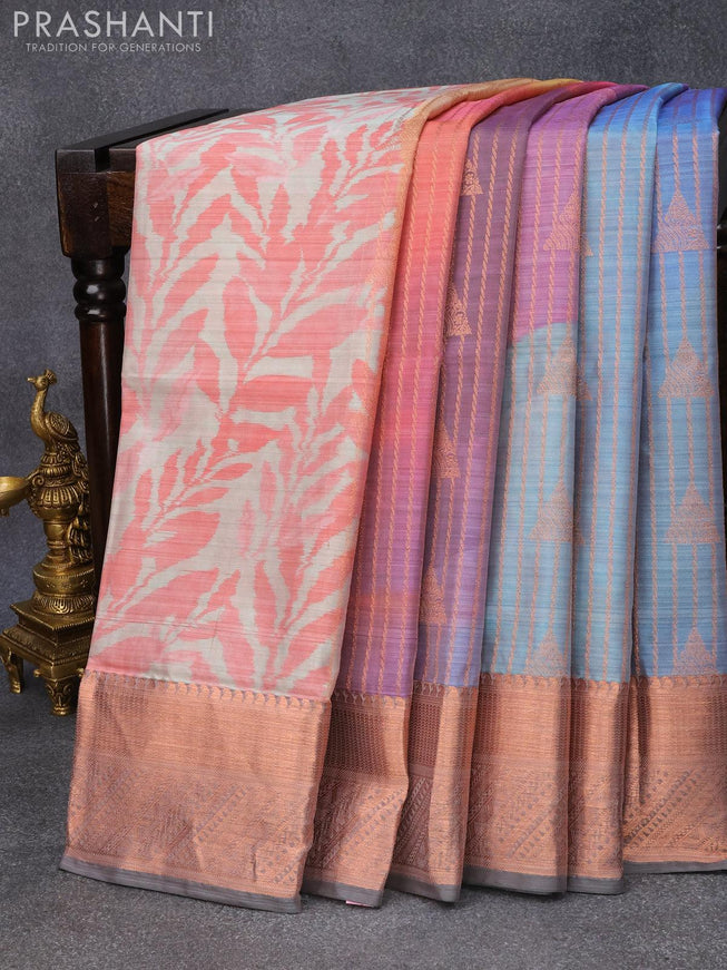 Roopam partly silk saree beige and blue grey with allover digital prints & copper zari weaves and copper zari woven border - {{ collection.title }} by Prashanti Sarees