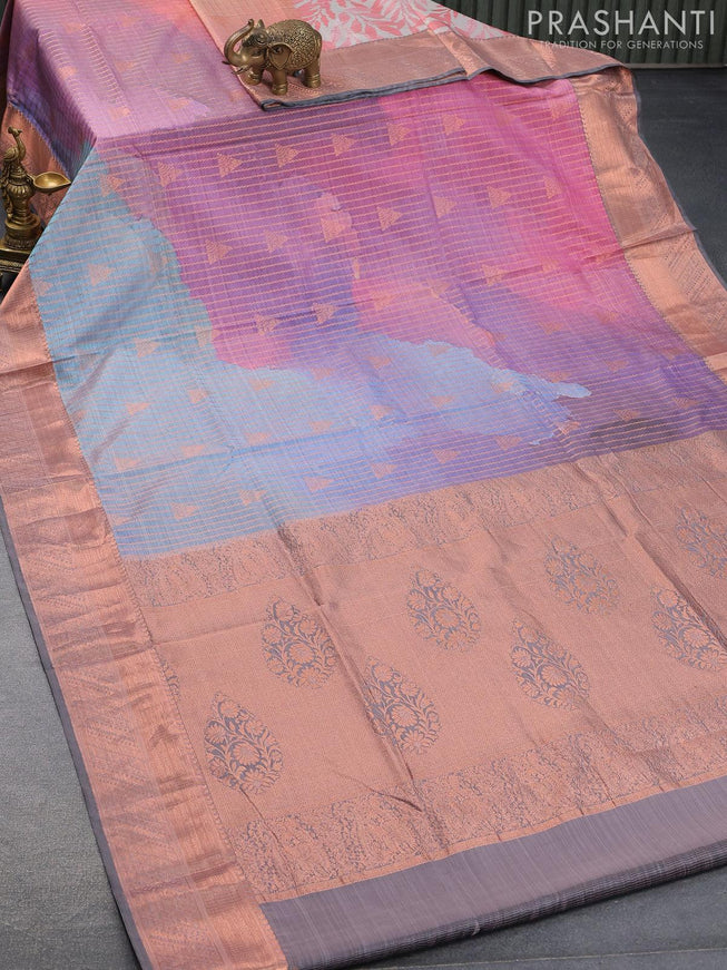 Roopam partly silk saree beige and blue grey with allover digital prints & copper zari weaves and copper zari woven border - {{ collection.title }} by Prashanti Sarees