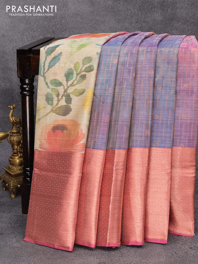 Roopam partly silk saree cream and blue pink with allover floral ikat weaves & zari weaves and long copper zari woven border - {{ collection.title }} by Prashanti Sarees
