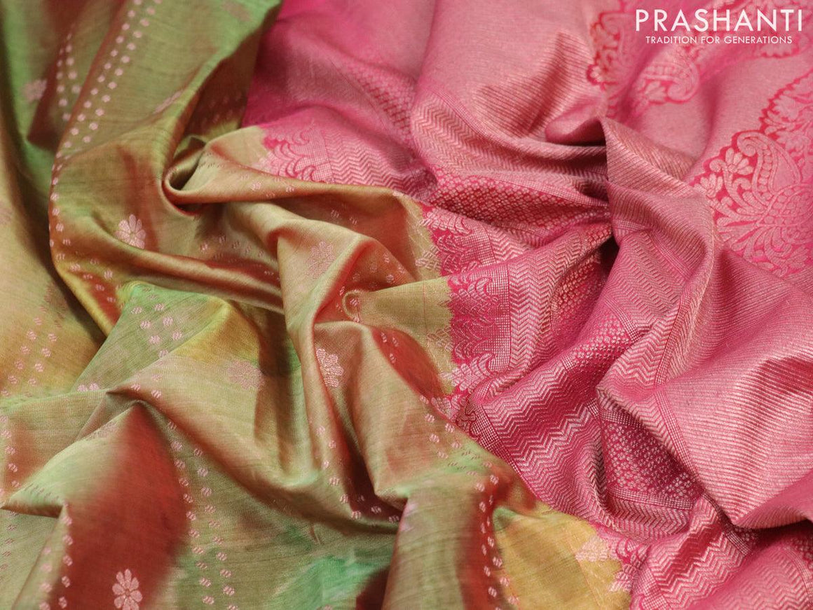 Roopam partly silk saree dual shade of green and pink with allover floral ikat weaves & zari weaves and long zari woven border - {{ collection.title }} by Prashanti Sarees
