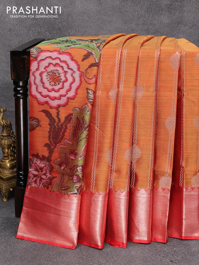 Roopam partly silk saree dual shade of mustard yellow and red with allover ikat weaves & zari buttas and zari woven border - {{ collection.title }} by Prashanti Sarees