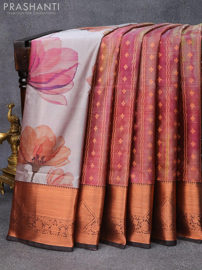 Roopam partly silk saree grey and multi colour with allover floral digital prints & copper zari weaves and copper zari woven border - {{ collection.title }} by Prashanti Sarees