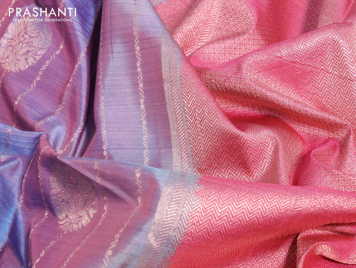 Roopam partly silk saree grey shade and blue pink with allover floral ikat weaves & zari weaves and long zari woven border - {{ collection.title }} by Prashanti Sarees