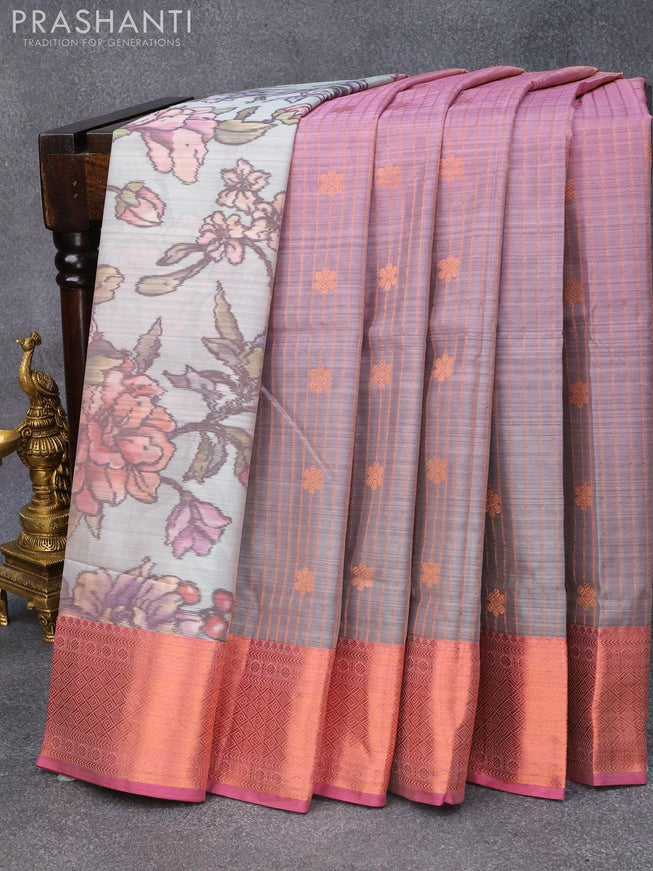 Roopam partly silk saree grey shade and magenta pink with allover floral digital prints & copper zari weaves and copper zari woven border - {{ collection.title }} by Prashanti Sarees