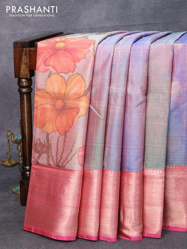 Roopam partly silk saree grey shade and pink with allover floral ikat weaves & zari weaves and long zari woven border - {{ collection.title }} by Prashanti Sarees