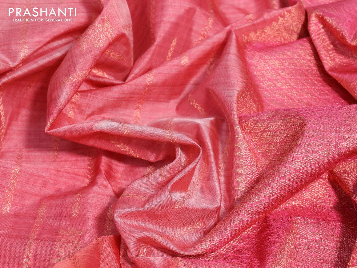 Roopam partly silk saree light pink and pink with allover floral ikat weaves & zari weaves and long copper zari woven border - {{ collection.title }} by Prashanti Sarees