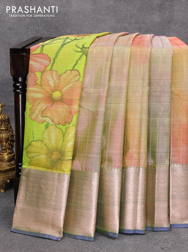 Roopam partly silk saree lime green and blue with allover floral ikat weaves & zari weaves and long zari woven border - {{ collection.title }} by Prashanti Sarees