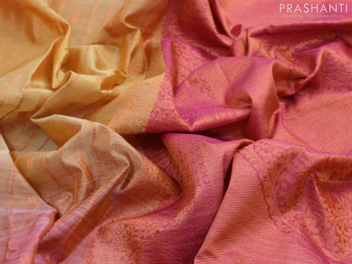 Roopam partly silk saree lime yellow and pink with allover floral digital prints & zari weaves and copper zari woven border - {{ collection.title }} by Prashanti Sarees