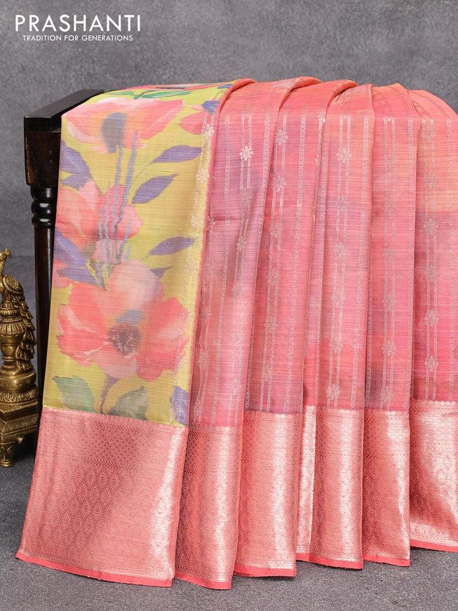 Roopam partly silk saree lime yellow and red shade with allover floral ikat weaves & zari weaves and zari woven border - {{ collection.title }} by Prashanti Sarees