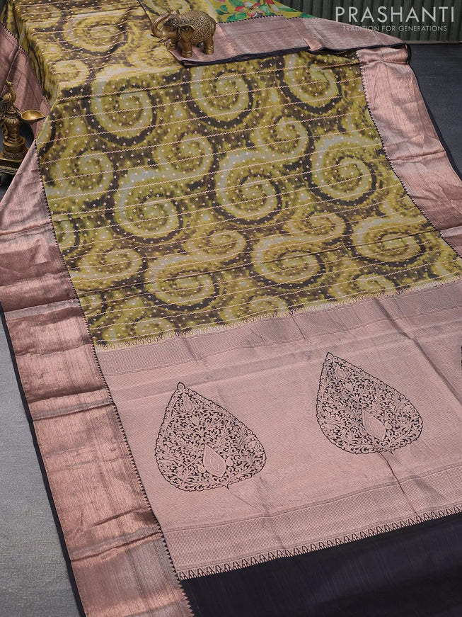 Roopam partly silk saree mehendi green and black with allover floral digital prints & copper zari weaves and copper zari woven border - {{ collection.title }} by Prashanti Sarees