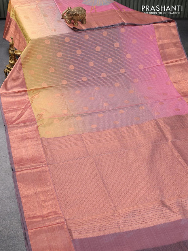Roopam partly silk saree multi colour and dual shade of grey with allover floral ikat weaves & zari weaves and copper zari woven border - {{ collection.title }} by Prashanti Sarees