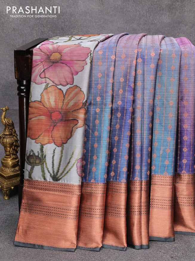 Roopam partly silk saree pastel grey and blue shade with allover floral ikat weaves & zari weaves and copper zari woven border - {{ collection.title }} by Prashanti Sarees