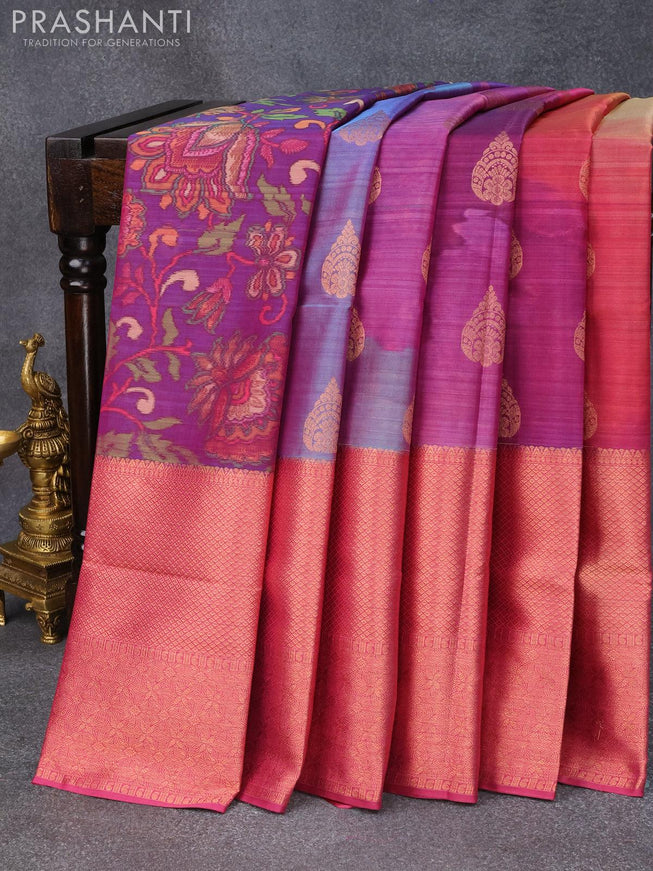 Roopam partly silk saree purple and pastel blue pink with digital prints & copper zari woven buttas and long copper zari woven border - {{ collection.title }} by Prashanti Sarees
