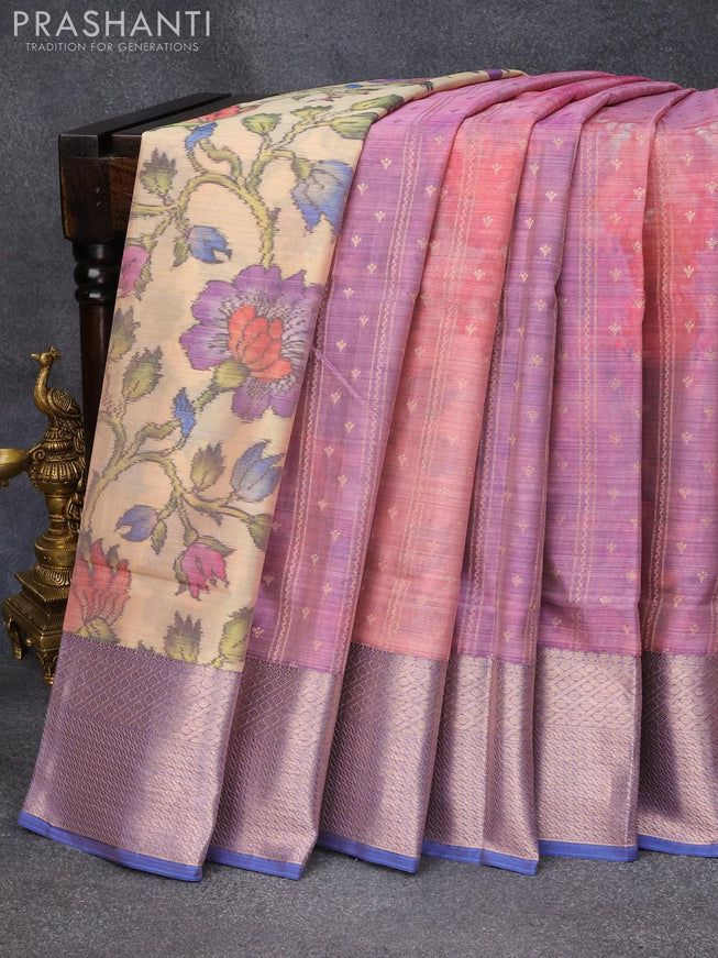 Roopam partly silk saree sandal and pink purple with allover floral digital prints & zari weaves and copper zari woven border - {{ collection.title }} by Prashanti Sarees