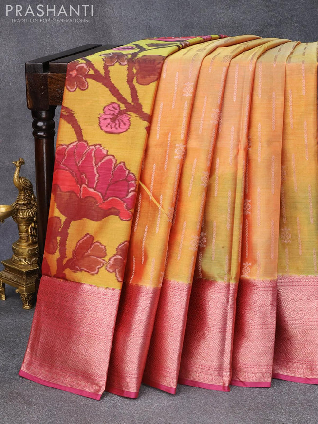 Roopam partly silk saree yellow and pink with allover floral digital prints & zari weaves and copper zari woven border - {{ collection.title }} by Prashanti Sarees