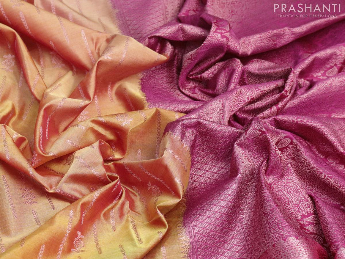 Roopam partly silk saree yellow and pink with allover floral digital prints & zari weaves and copper zari woven border - {{ collection.title }} by Prashanti Sarees