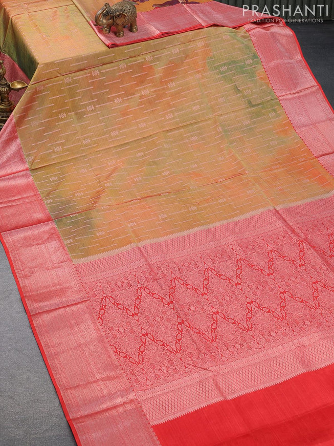 Roopam partly silk saree yellow and reddish orange with allover floral digital prints & zari weaves and copper zari woven border - {{ collection.title }} by Prashanti Sarees