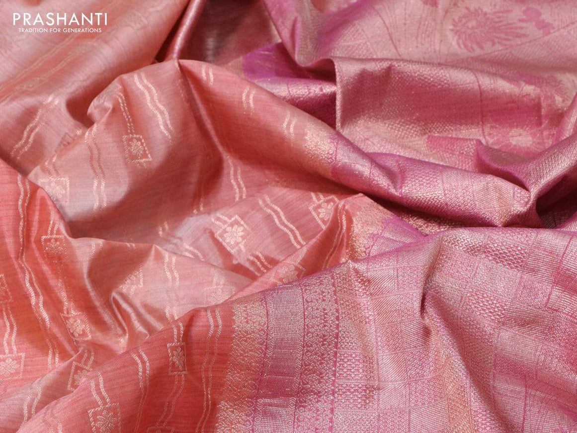 Roopam partly silk saree yellow and rust pink with allover ikat weaves & zari weaves and long zari woven border - {{ collection.title }} by Prashanti Sarees